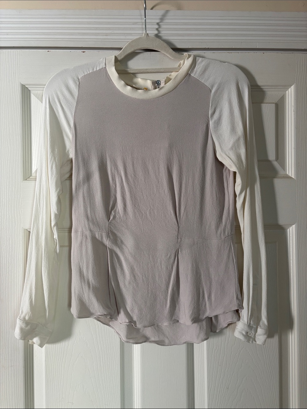 Rebecca Taylor Two-Tone Long-Sleeve Peplum Top - Cream and Light Taupe